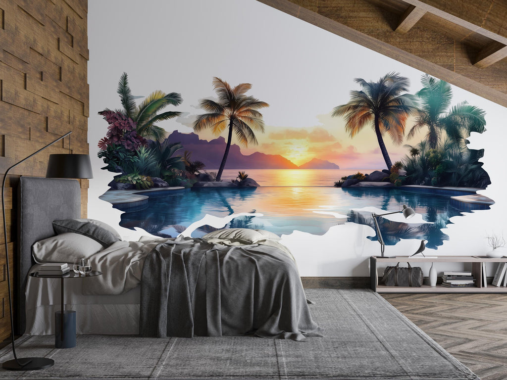 Tropical Sunset Wall Decal, Airbnb Bedroom Decor, Boutique Hotel Wall Art, Palm Tree Pool Wall Decal, Resort Decor, Vacation Rental Wall Art