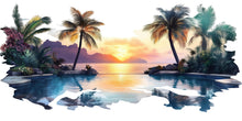 Load image into Gallery viewer, Tropical Sunset Wall Decal, Airbnb Bedroom Decor, Boutique Hotel Wall Art, Palm Tree Pool Wall Decal, Resort Decor, Vacation Rental Wall Art