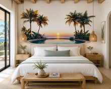 Load image into Gallery viewer, Tropical Sunset Pool Wall Decal, Airbnb Bedroom Decor, Boutique Hotel Wall Art, Palm Tree Decal, Coastal Resort Decor, Vacation Rental Decor