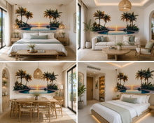 Load image into Gallery viewer, Tropical Sunset Pool Wall Decal, Airbnb Bedroom Decor, Boutique Hotel Wall Art, Palm Tree Decal, Coastal Resort Decor, Vacation Rental Decor