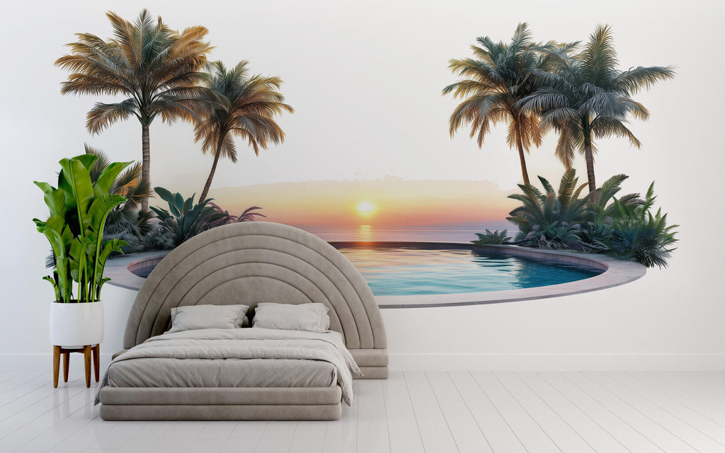 Tropical Sunset Pool Wall Decal, Airbnb Bedroom Decor, Boutique Hotel Wall Art, Palm Tree Decal, Coastal Resort Decor, Vacation Rental Decor