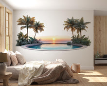 Load image into Gallery viewer, Tropical Sunset Pool Wall Decal, Airbnb Bedroom Decor, Boutique Hotel Wall Art, Palm Tree Decal, Coastal Resort Decor, Vacation Rental Decor