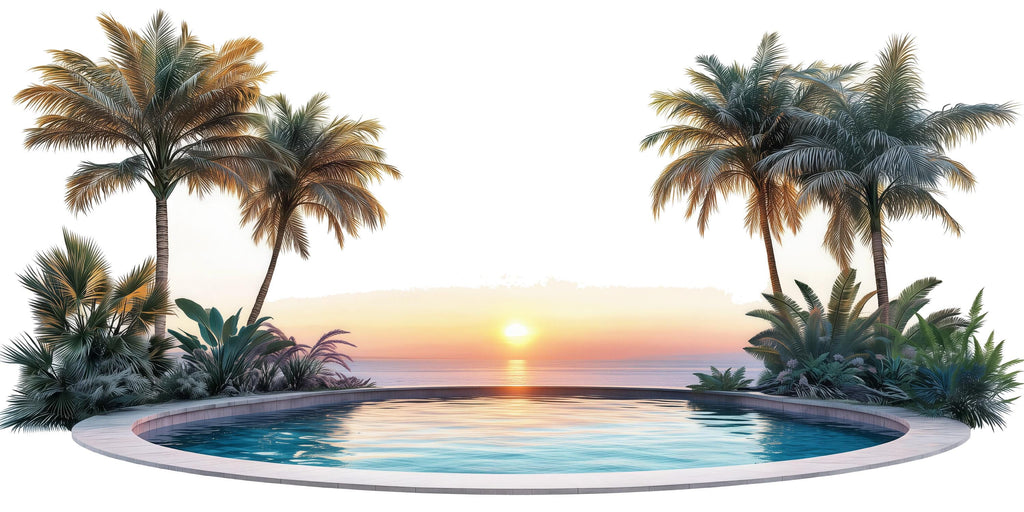Tropical Sunset Pool Wall Decal, Airbnb Bedroom Decor, Boutique Hotel Wall Art, Palm Tree Decal, Coastal Resort Decor, Vacation Rental Decor