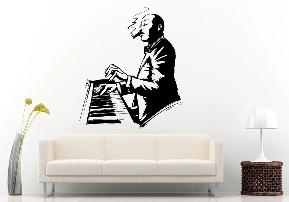 Jazz Blues Band People On Piano Hands Playing Smoking A Cigar Wall Decal Vinyl Sticker Mural Room Decor L1249