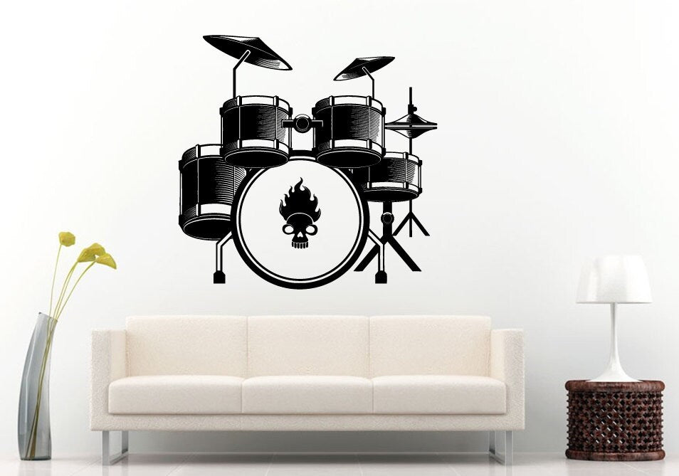 Musical Drums Drum Set With Flaming Skull Head In The Kick Drum Tool Wall Decal Vinyl Sticker Mural Room Decor L1243
