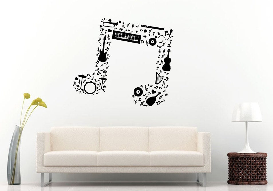 Music Note Melody Made From Guitar Saxophone Flute Drums Orchestra Wall Decal Vinyl Sticker Mural Room Decor L1244