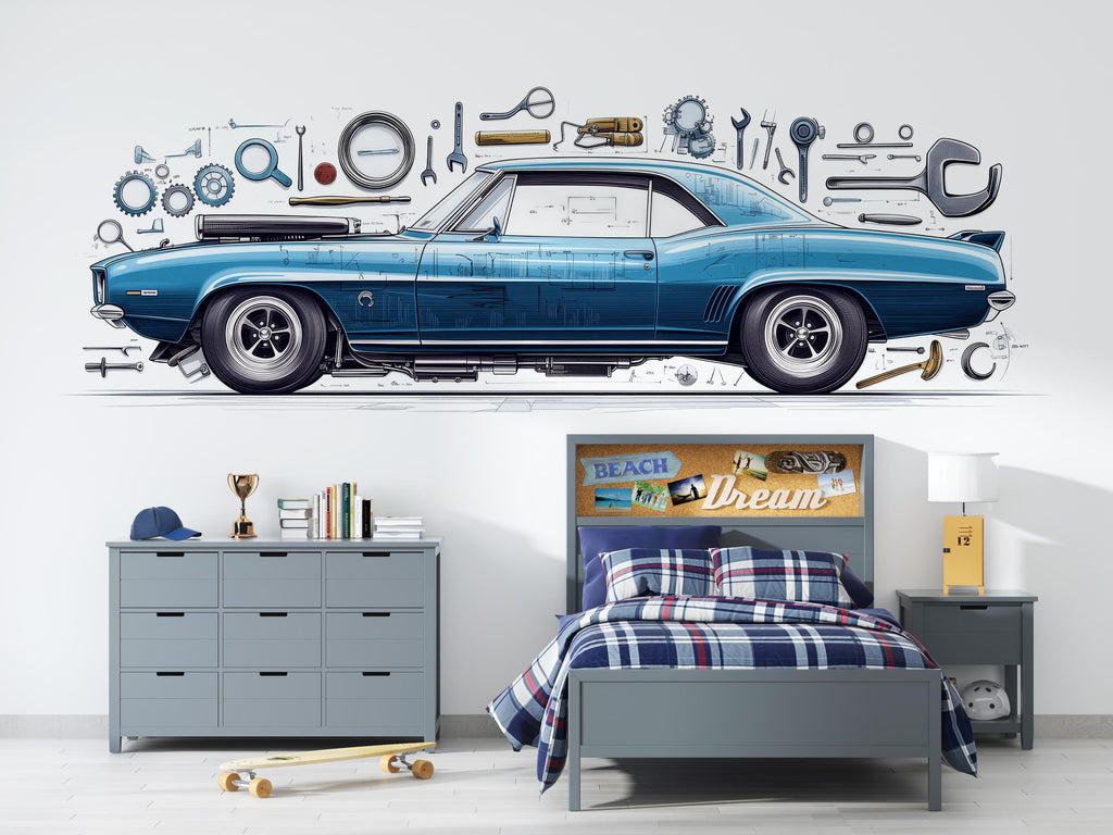 Classic Car Wall Decal, Muscle Car Wall Art, Auto Repair Shop Decor, Vintage Car Garage Decal, Automotive Service Center Decor