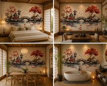 Load image into Gallery viewer, Japanese Koi Pond Wall Decal, Zen Garden Bridge &amp; Maple Tree Wall Art