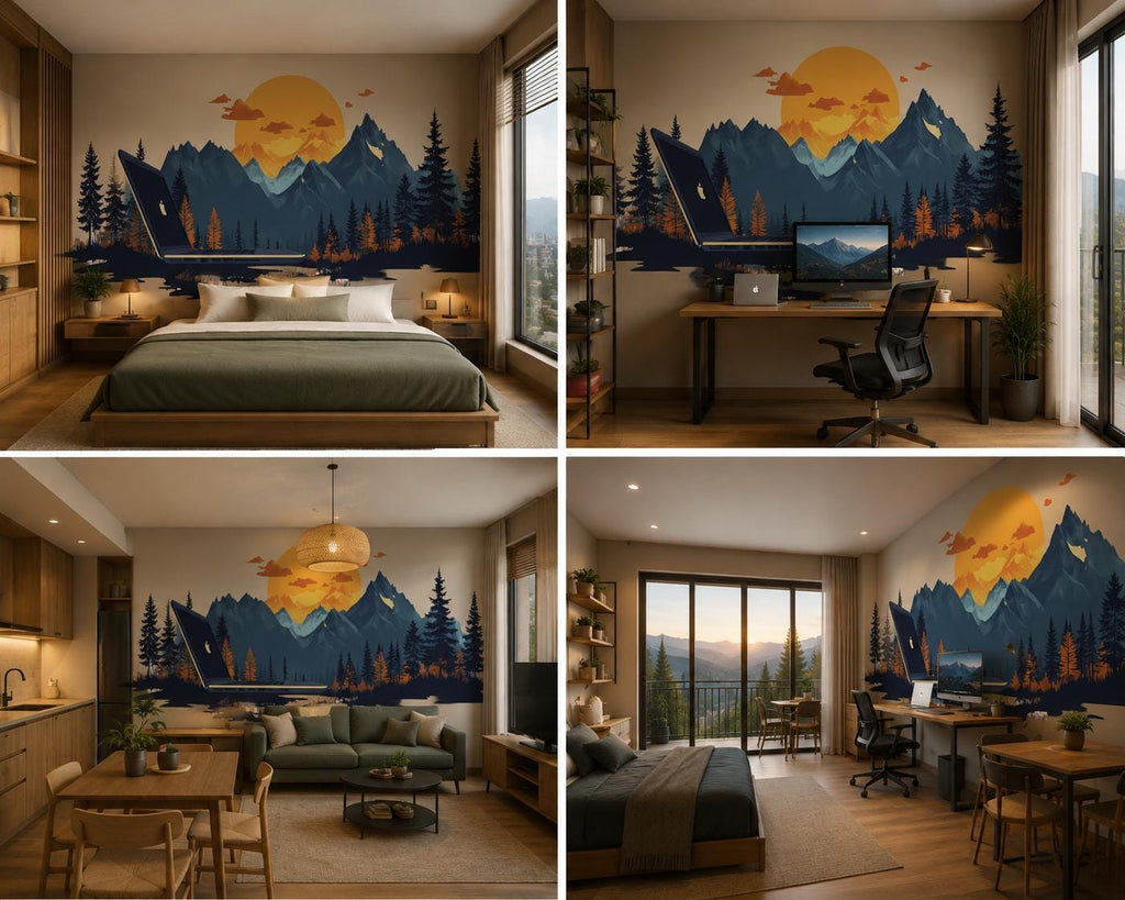 Mountain Wall Decal, Sunset Forest Landscape Wall Art for Home Office
