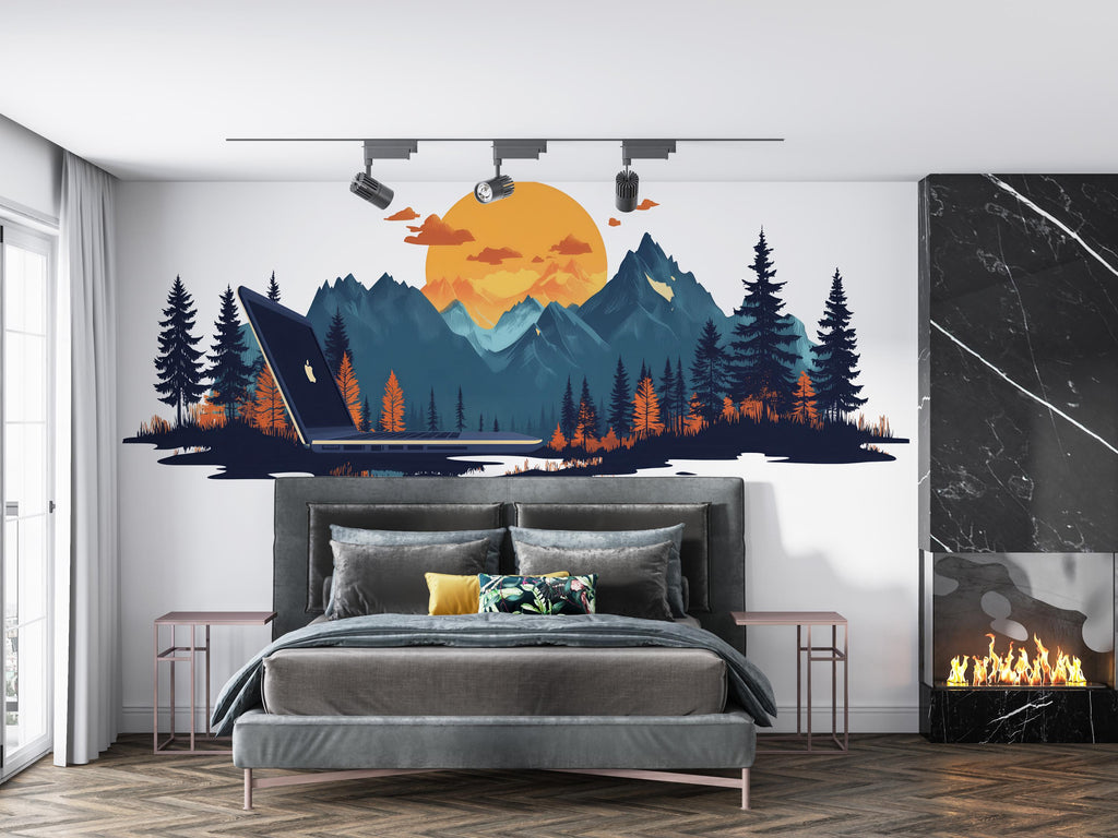 Mountain Wall Decal, Sunset Forest Landscape Wall Art for Home Office
