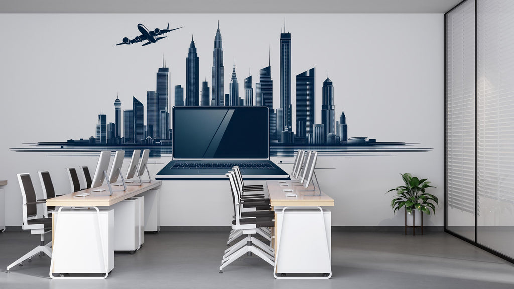 City Skyline Wall Decal, Modern Office Wall Art with Airplane & Laptop