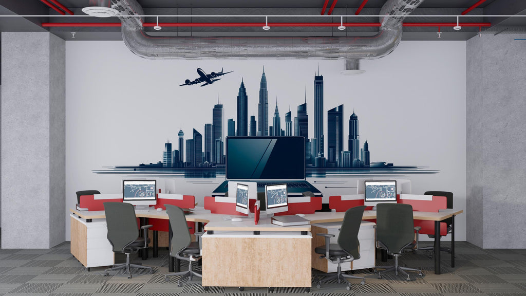 City Skyline Wall Decal, Modern Office Wall Art with Airplane & Laptop