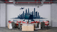 Load image into Gallery viewer, City Skyline Wall Decal, Modern Office Wall Art with Airplane &amp; Laptop