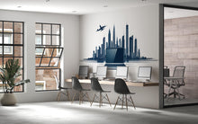 Load image into Gallery viewer, City Skyline Wall Decal, Modern Office Wall Art with Airplane &amp; Laptop