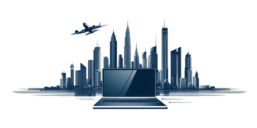 City Skyline Wall Decal, Modern Office Wall Art with Airplane & Laptop