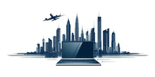 Load image into Gallery viewer, City Skyline Wall Decal, Modern Office Wall Art with Airplane &amp; Laptop