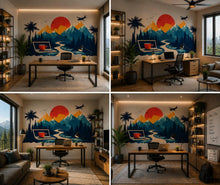 Load image into Gallery viewer, Mountain Office Wall Decal, Digital Nomad Travel Wall Art with Laptop &amp; Sunset