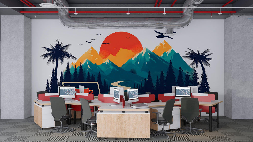 Mountain Office Wall Decal, Digital Nomad Travel Wall Art with Laptop & Sunset