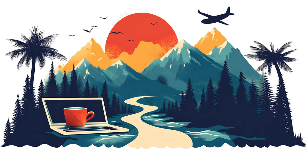Mountain Office Wall Decal, Digital Nomad Travel Wall Art with Laptop & Sunset