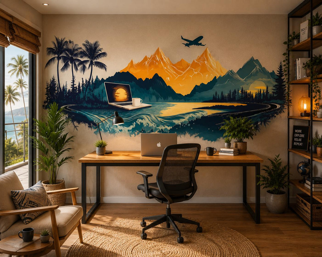 Mountain Office Wall Decal, Digital Nomad Travel Landscape Wall Art
