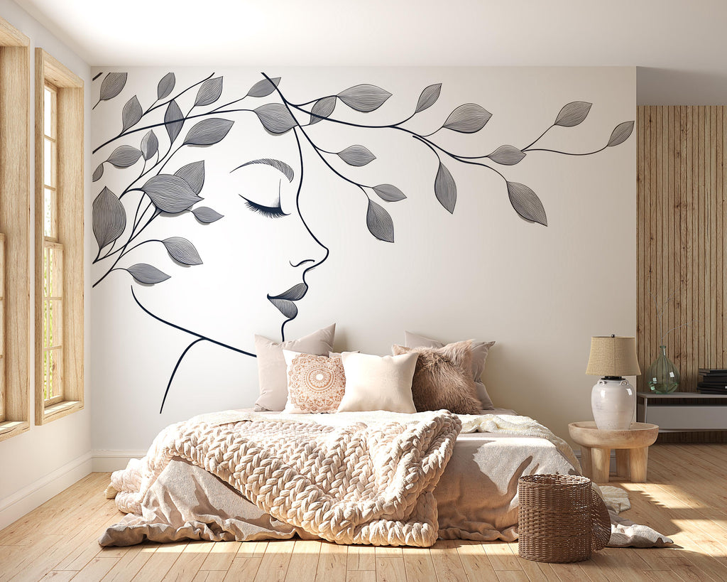 Female Face Wall Decal, Botanical Line Art for Med Spa & Beauty Salon