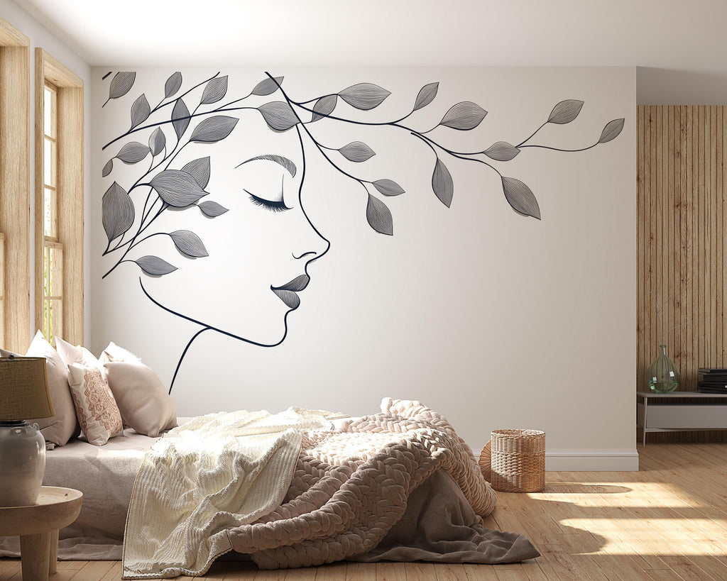 Female Face Wall Decal, Botanical Line Art for Med Spa & Beauty Salon
