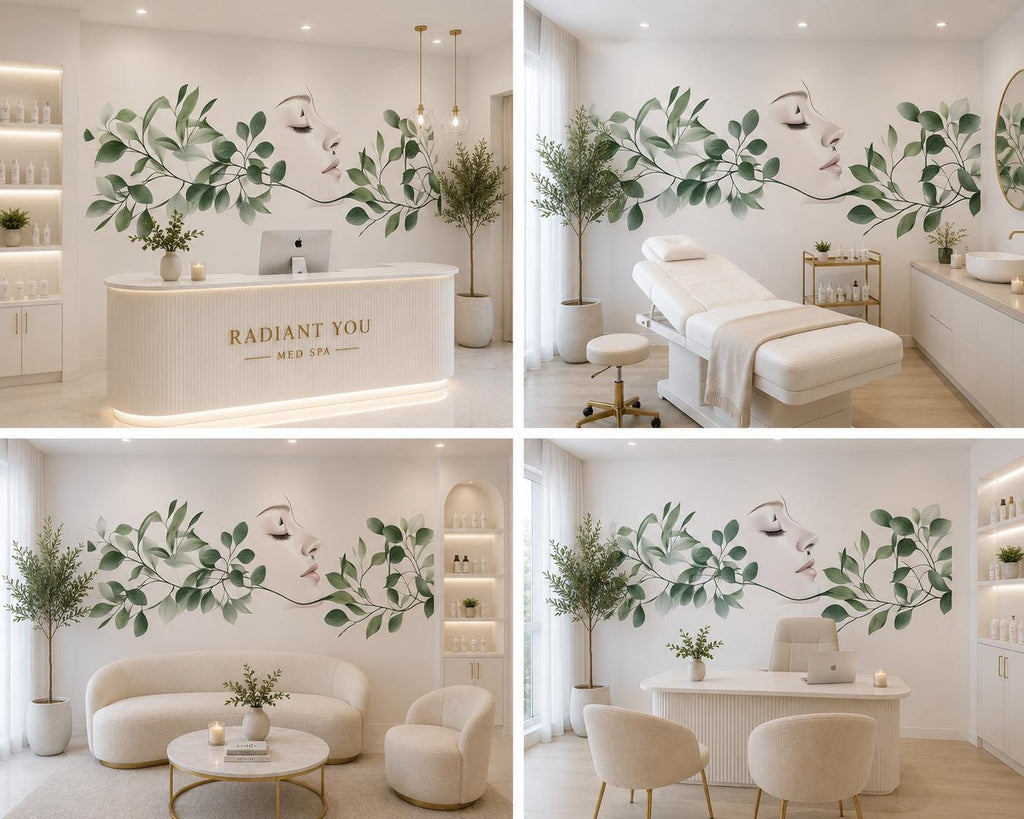 Woman Face Wall Decal, Green Botanical Beauty Wall Art for Med Spa & Salon