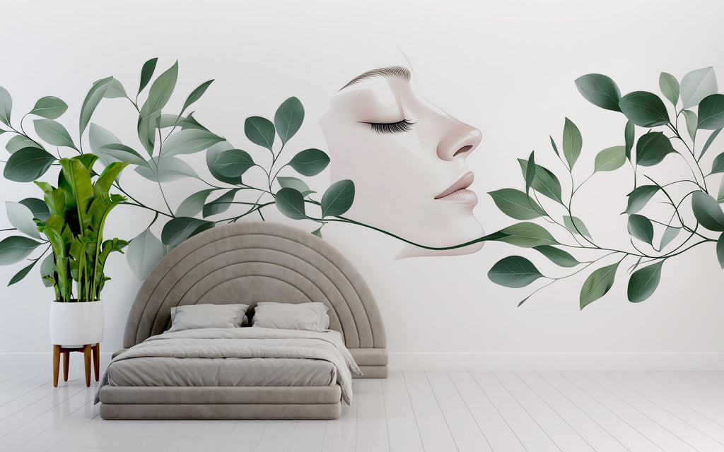 Woman Face Wall Decal, Green Botanical Beauty Wall Art for Med Spa & Salon