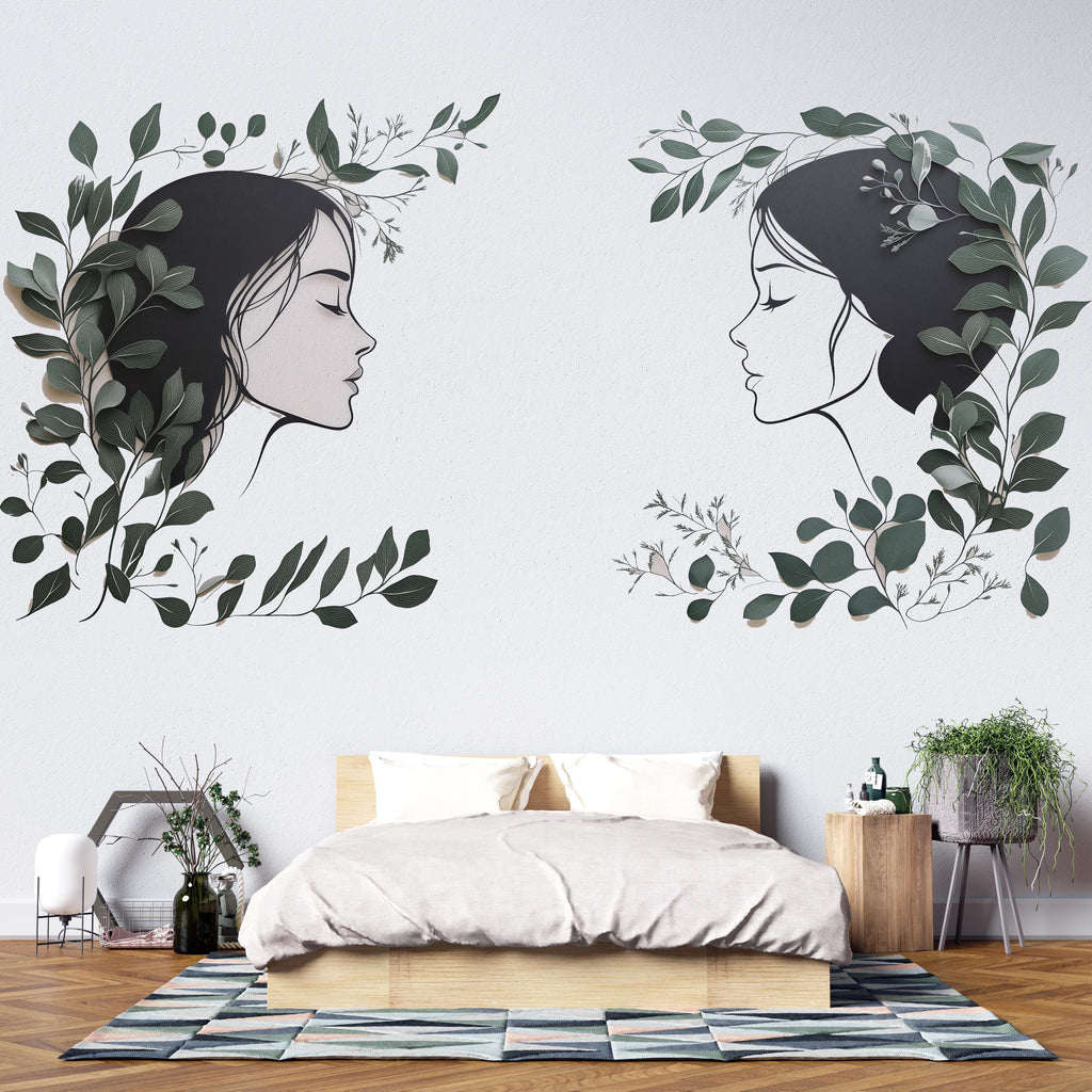 Woman Face Wall Decal Set, Botanical Female Line Art for Med Spa & Beauty Salon