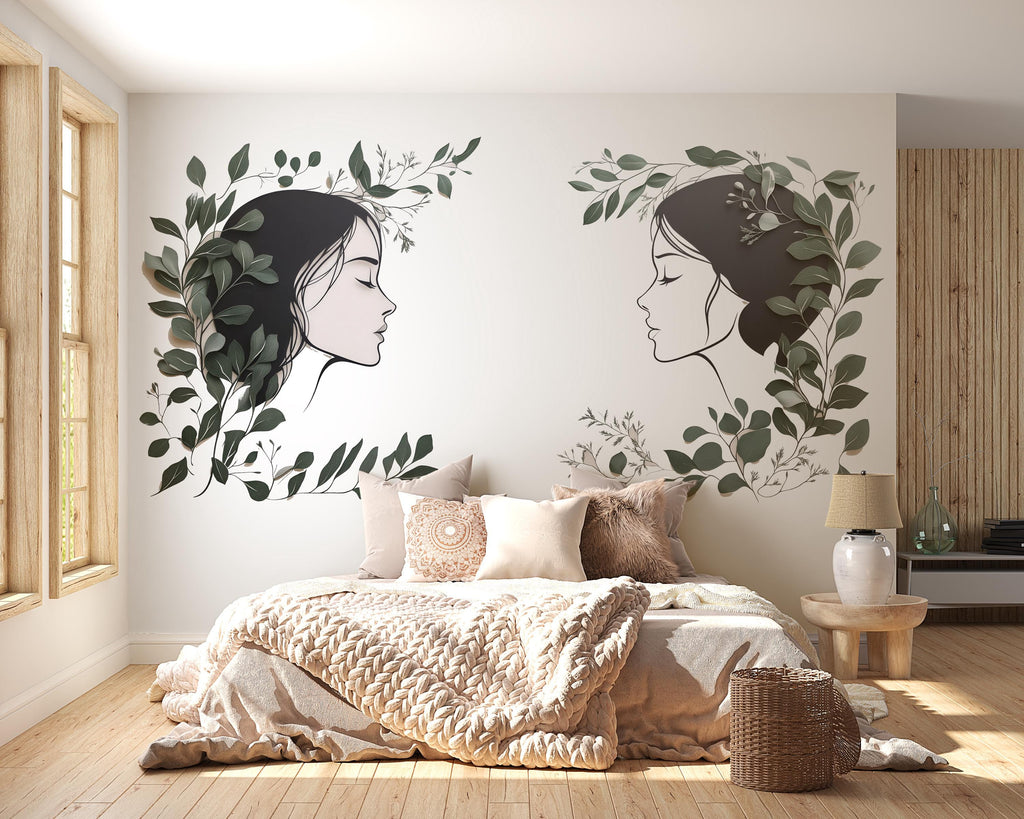 Woman Face Wall Decal Set, Botanical Female Line Art for Med Spa & Beauty Salon