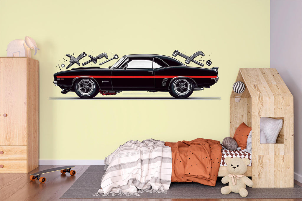 Black Muscle Car Wall Decal, Classic Car Garage Decor, Auto Repair Shop Wall Art, Vintage Car Decal, Automotive Shop Decor