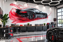 Load image into Gallery viewer, Car Detailing Wall Decal, Black Sports Car Wall Art, Auto Detailing Shop Decor, Red Splash Garage Decal, Automotive Business Decor