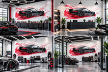 Load image into Gallery viewer, Car Detailing Wall Decal, Black Sports Car Wall Art, Auto Detailing Shop Decor, Red Splash Garage Decal, Automotive Business Decor