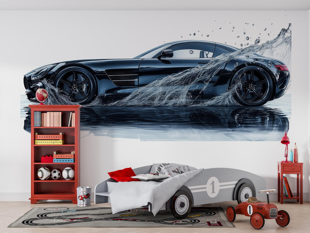 Car Detailing Wall Decal, Luxury Black Sports Car Wall Art, Water Splash Auto Detailing Shop Decor, Automotive Garage Decal