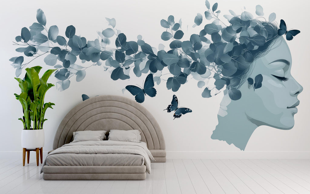 Woman Face Wall Decal, Eucalyptus & Butterfly Wall Art for Med Spa Reception