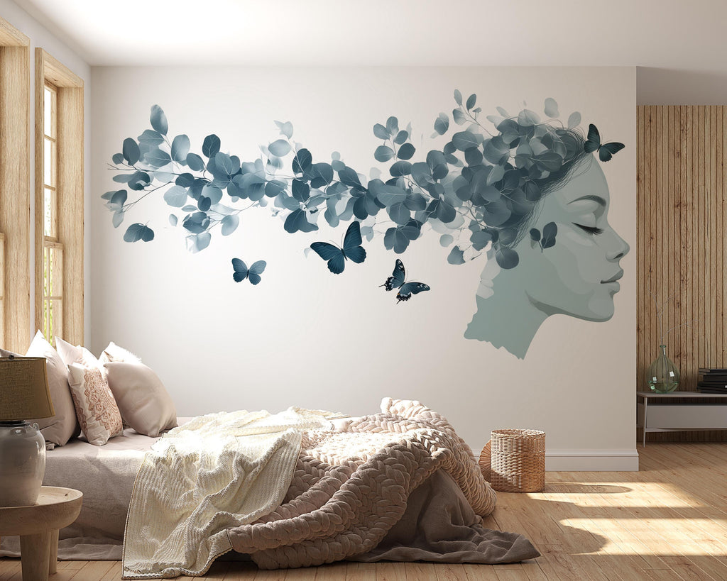 Woman Face Wall Decal, Eucalyptus & Butterfly Wall Art for Med Spa Reception