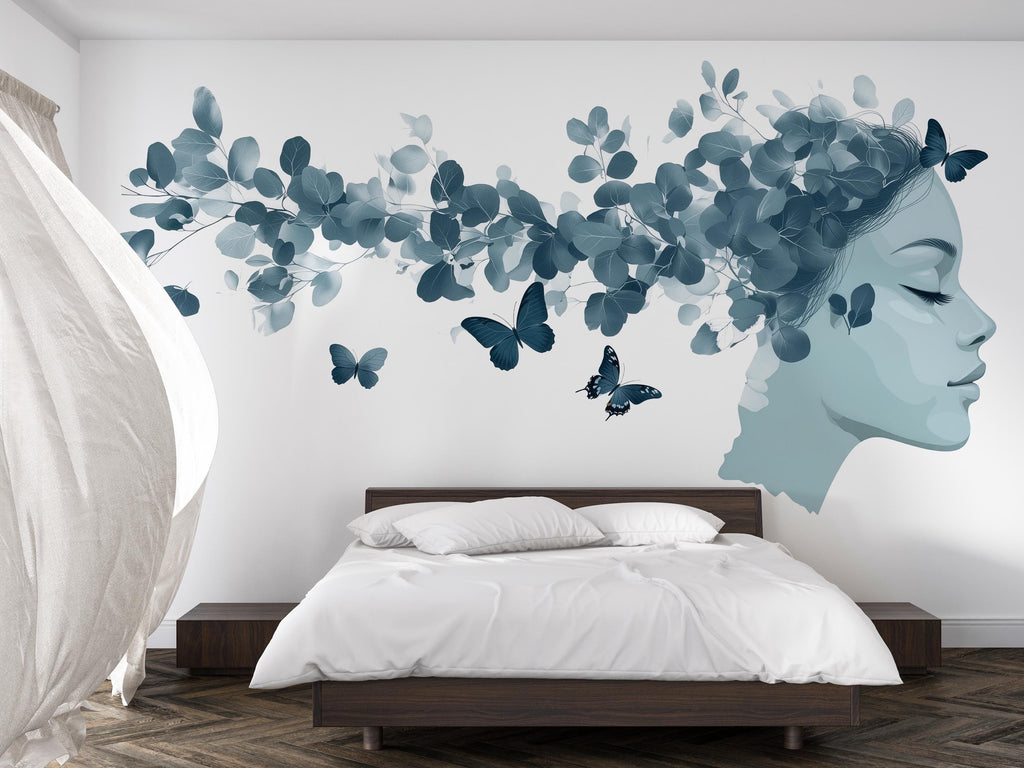 Woman Face Wall Decal, Eucalyptus & Butterfly Wall Art for Med Spa Reception