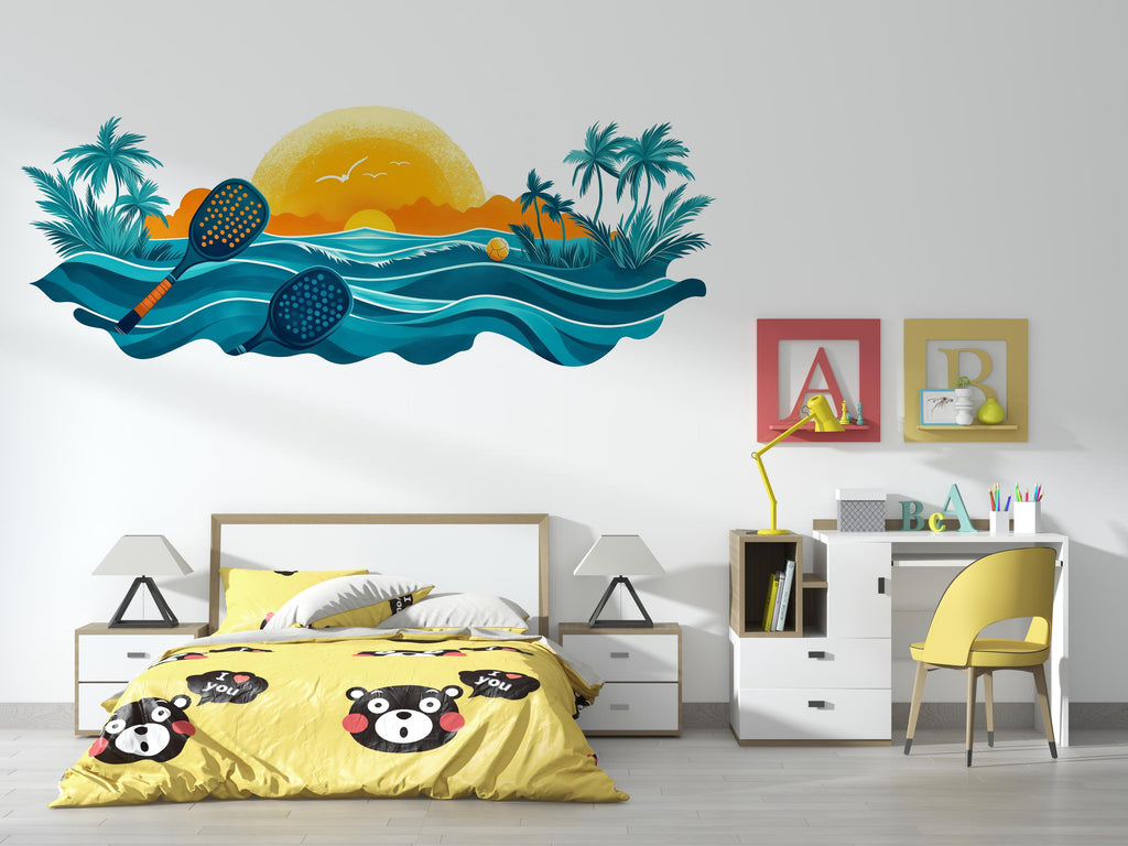Pickleball Wall Decal, Tropical Ocean Paddle Wall Art for Pickleball Club & Court