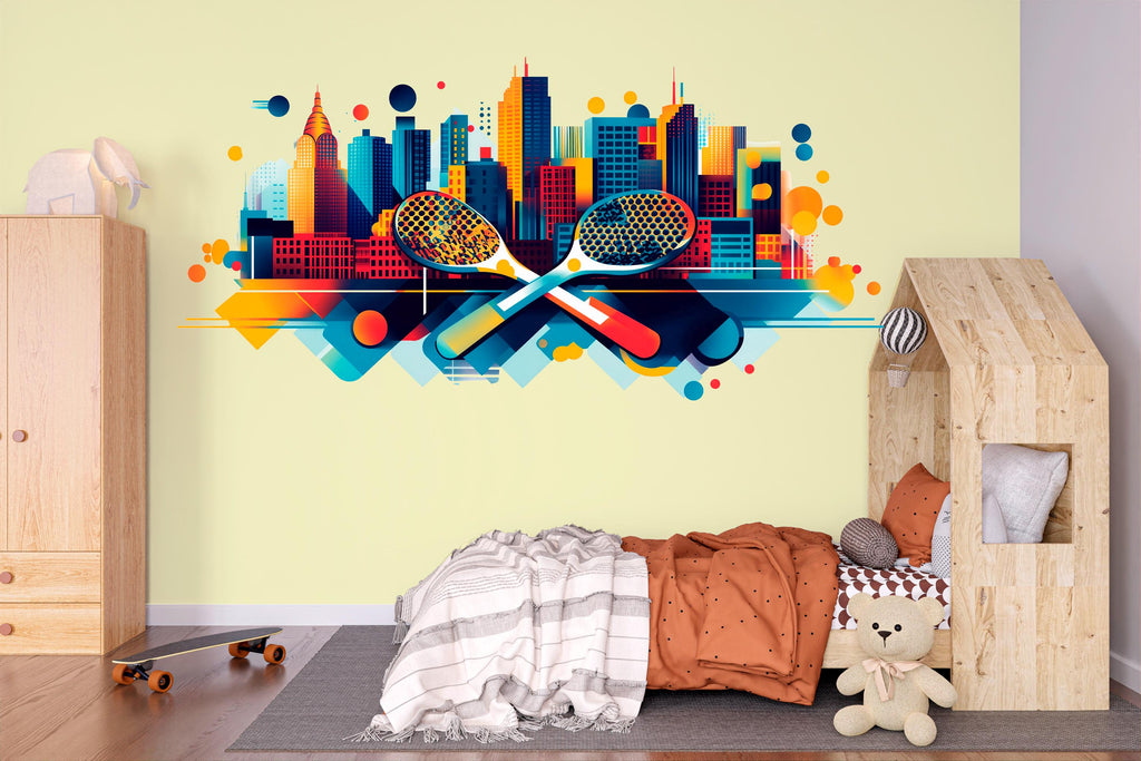 Pickleball Wall Decal, City Skyline Paddle Wall Art for Pickleball Club & Court