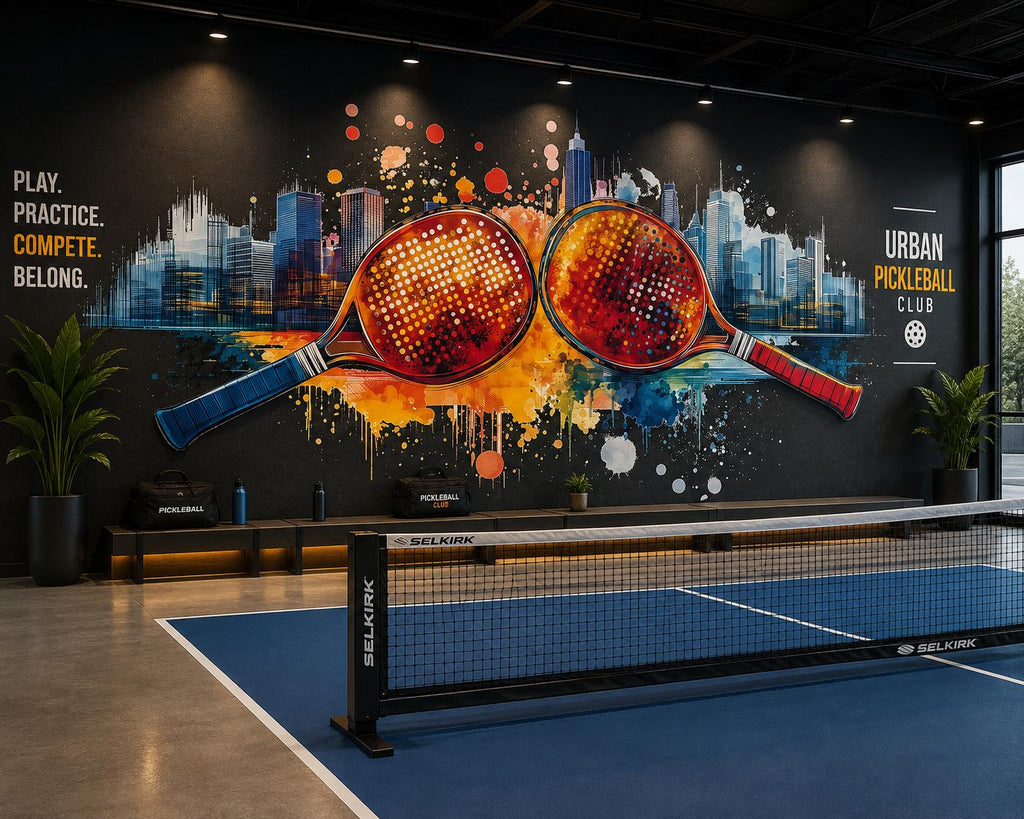 Pickleball Wall Decal, Urban City Skyline Paddle Wall Art for Pickleball Club & Court