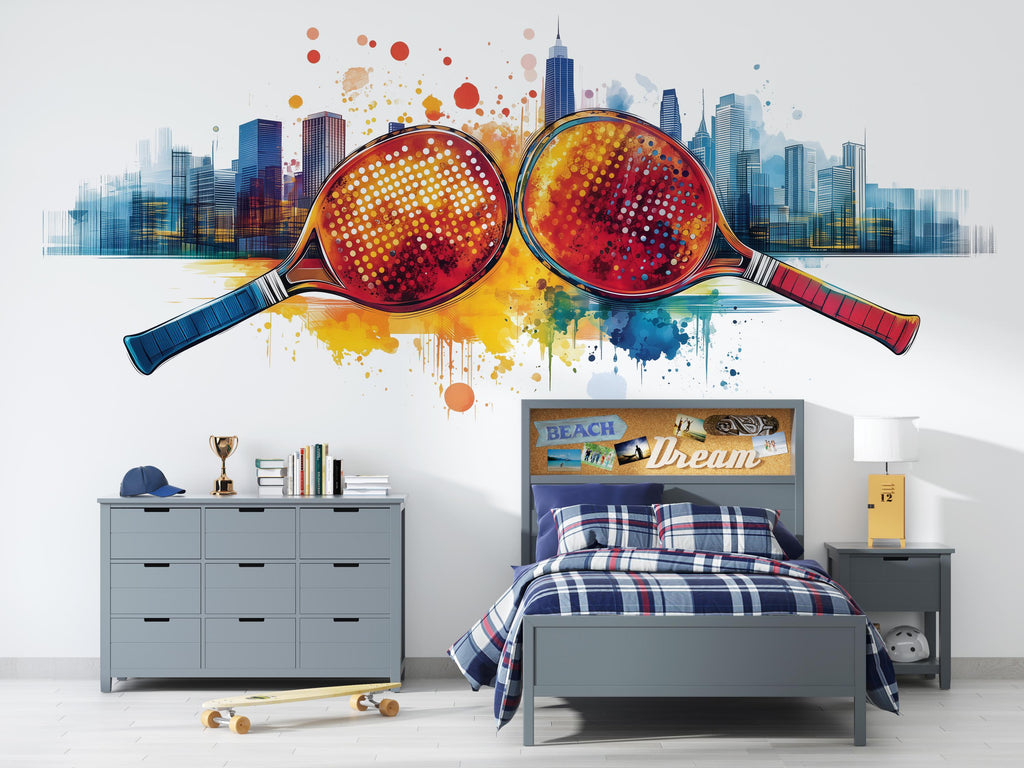 Pickleball Wall Decal, Urban City Skyline Paddle Wall Art for Pickleball Club & Court