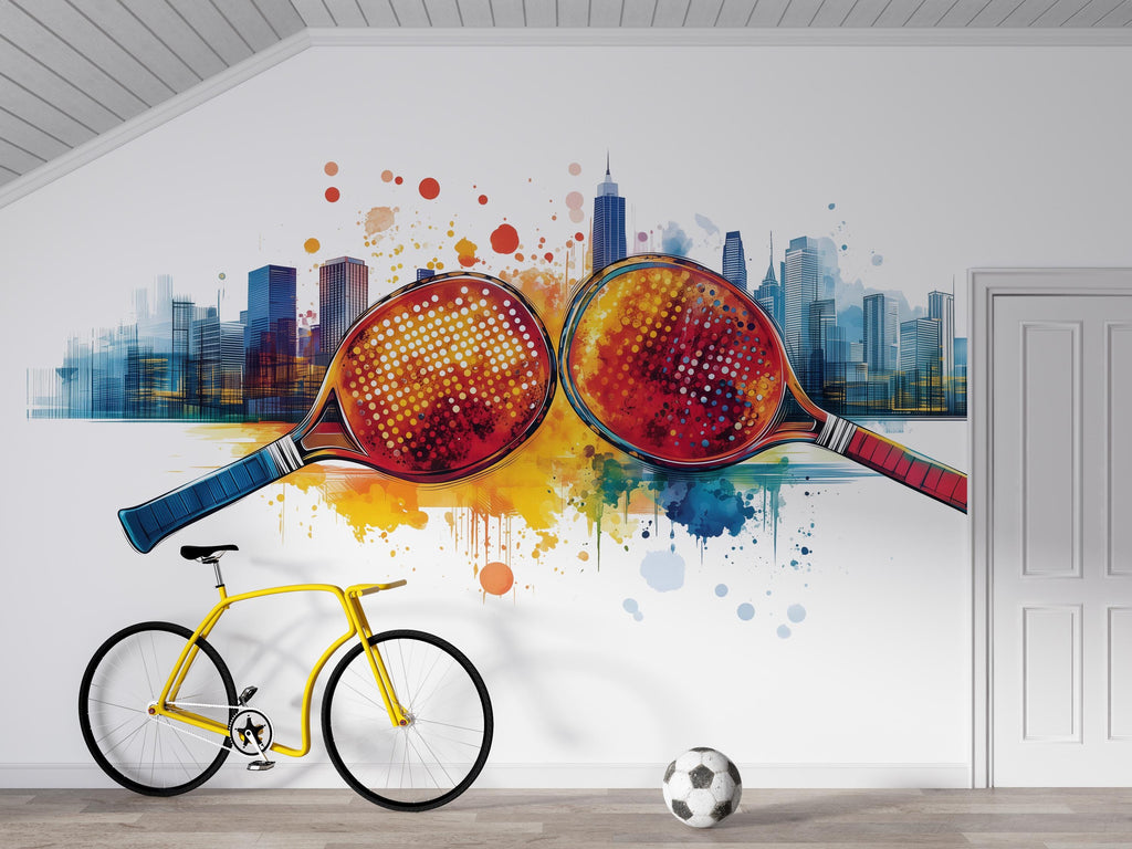 Pickleball Wall Decal, Urban City Skyline Paddle Wall Art for Pickleball Club & Court