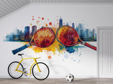 Load image into Gallery viewer, Pickleball Wall Decal, Urban City Skyline Paddle Wall Art for Pickleball Club &amp; Court