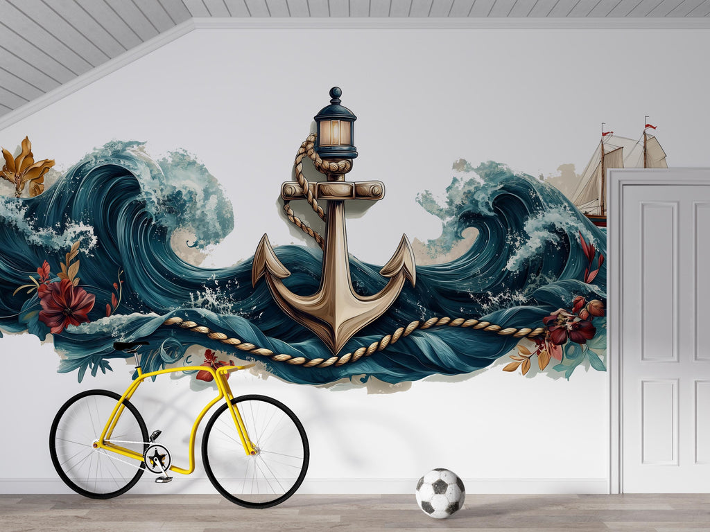 Anchor Wall Decal, Nautical Ocean Wave Wall Art, Yacht Club Marina Decor, Sailing Club Decor