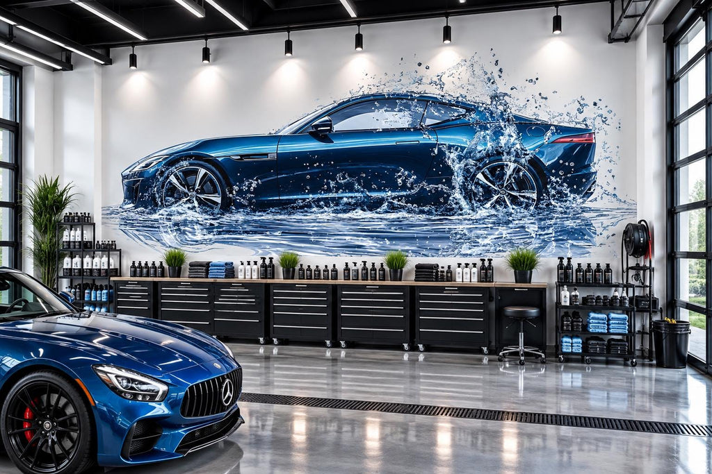 Car Detailing Wall Decal, Blue Sports Car Wall Art, Water Splash Auto Detailing Shop Decor, Luxury Automotive Garage Decal