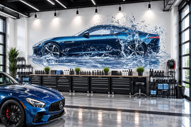 Car Detailing Wall Decal, Blue Sports Car Wall Art, Water Splash Auto Detailing Shop Decor, Luxury Automotive Garage Decal