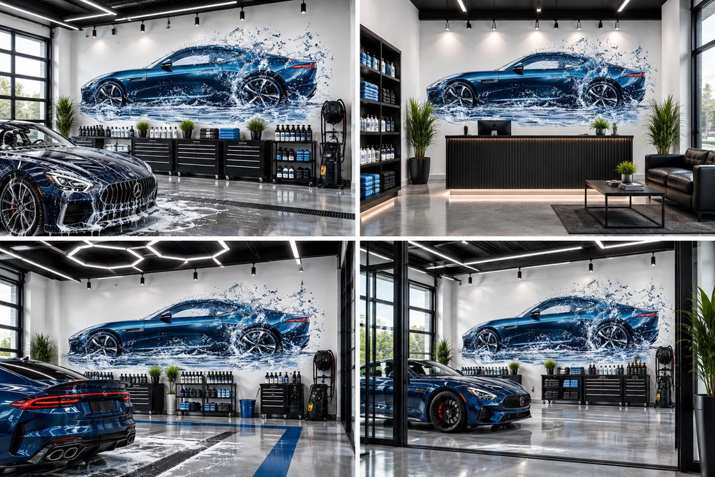 Car Detailing Wall Decal, Blue Sports Car Wall Art, Water Splash Auto Detailing Shop Decor, Luxury Automotive Garage Decal