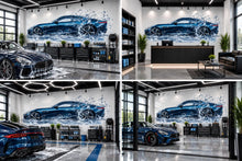 Load image into Gallery viewer, Car Detailing Wall Decal, Blue Sports Car Wall Art, Water Splash Auto Detailing Shop Decor, Luxury Automotive Garage Decal