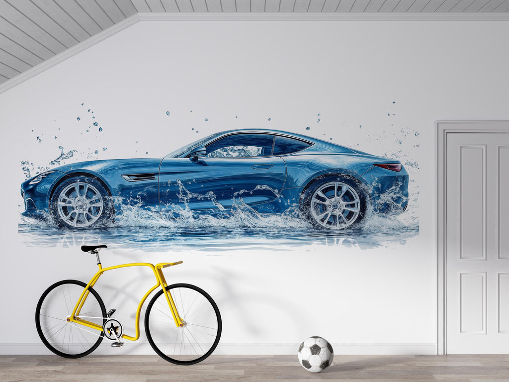 Car Detailing Wall Decal, Blue Sports Car Wall Art, Water Splash Garage Decor, Auto Detailing Shop Decal, Car Wash Wall Art