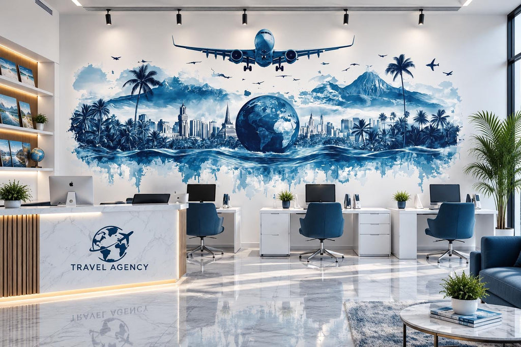Travel Agency Wall Decal, Airplane World Map Wall Art, Travel Office Decor, Vacation Planner Wall Mural, Tourism Agency Decor